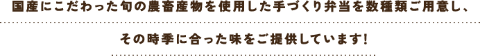 国産にこだわった旬の農畜産物を使用した手づくり弁当を数種類ご用意し、その時季に合った味をご提供しています!