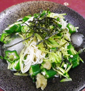 オクラキュウリの柚子風味素麺サラダの写真