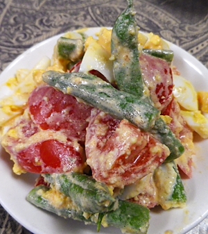 トマトインゲン卵のチーズマヨドレサラダ