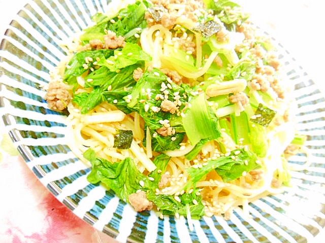 御吸物de❤小松菜と水菜と牛豚合挽のパスタ❤の写真