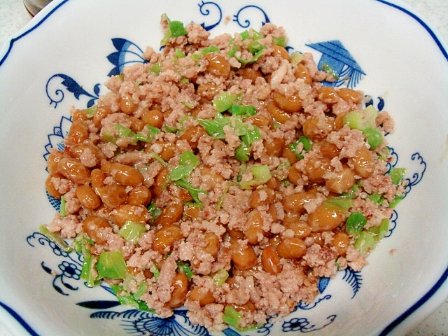 長ネギたっぷり！豚挽き肉入り♥ピリ辛塩味の納豆の写真
