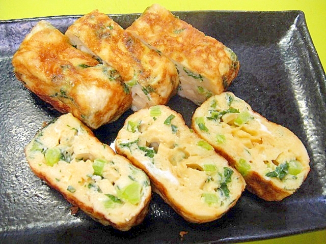 高野豆腐と大根の葉の卵焼きの写真