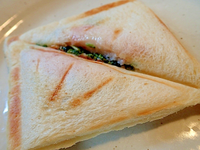 シ一サラダと大根の葉とチ一ズのホットサンドの写真