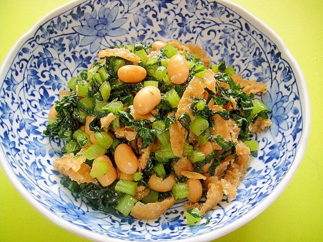 大根の葉と蒸し大豆の甘辛炒めの写真