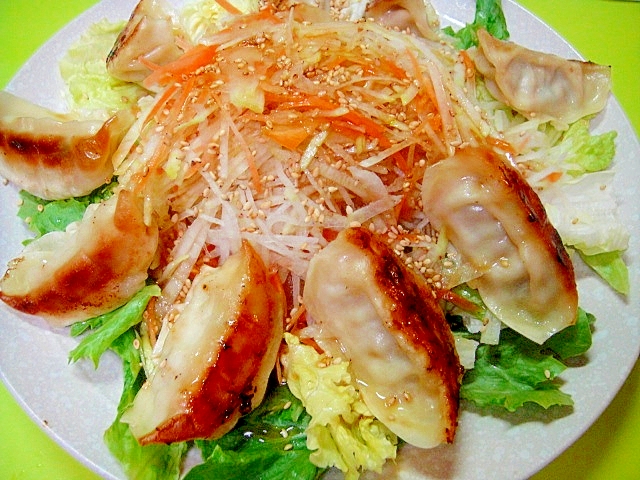 焼き餃子と大根人参のサラダの写真