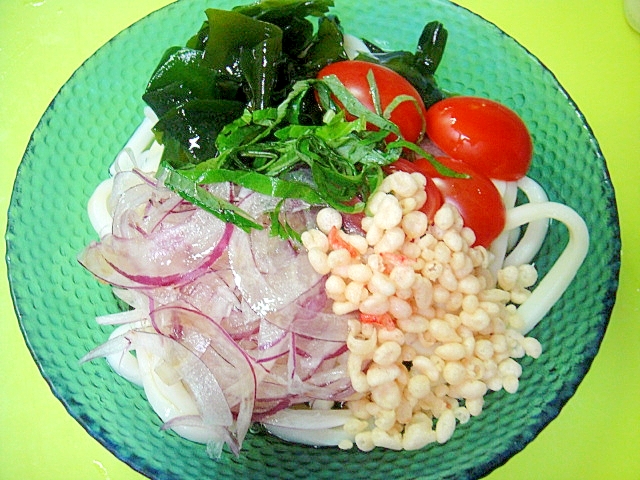 紫玉ねぎとわかめミニトマトの冷やしうどんの写真